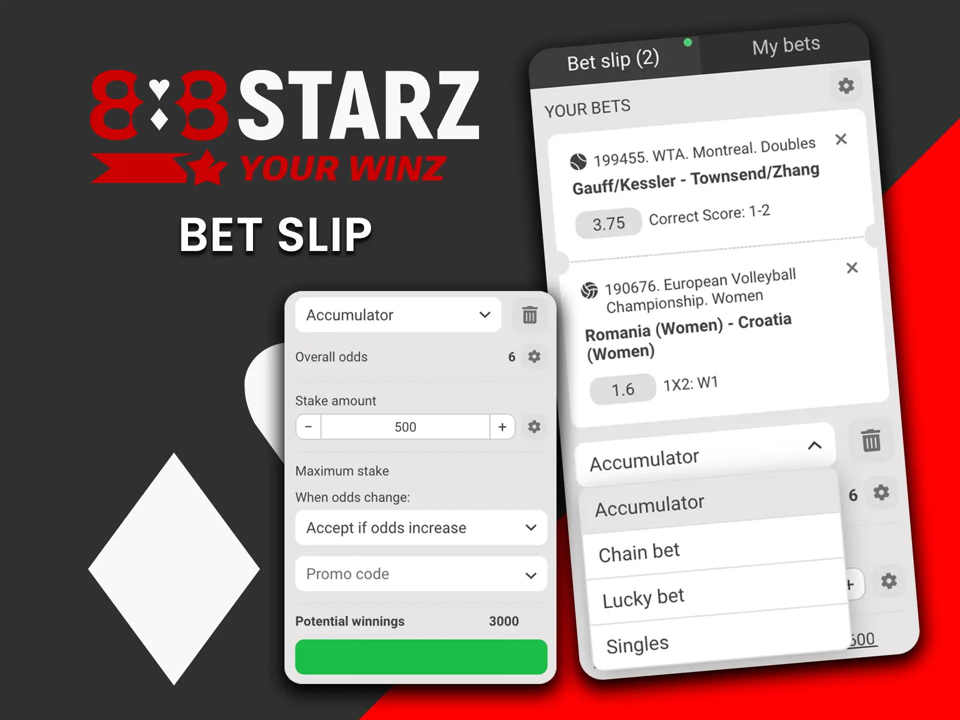 Use the 888Starz bet slip and place your bets instantly.