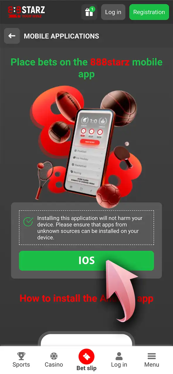 Tap the download iOS button on 888Starz.