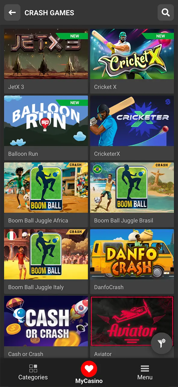 Find and open the Crash games section at 888Starz casino.