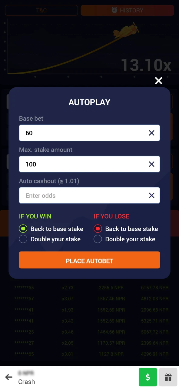 Set up autoplay in the Crash game at 888Starz for continuous play.