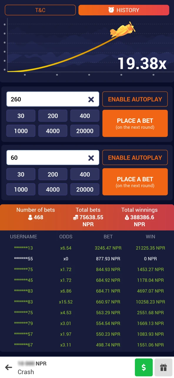 Make your bets in the Crash game at 888Starz.