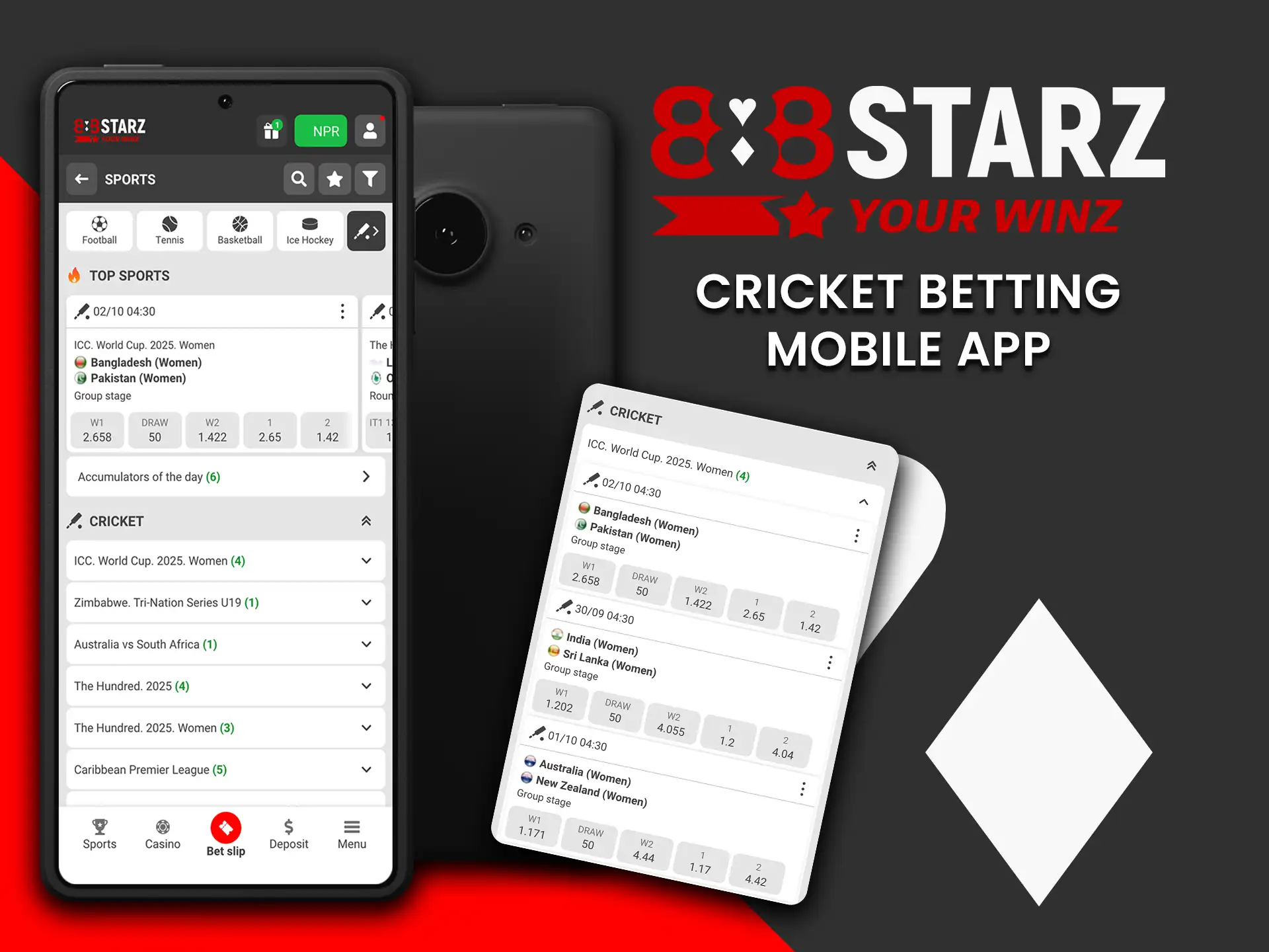 Download the 888Starz app and enjoy seamless mobile cricket betting.