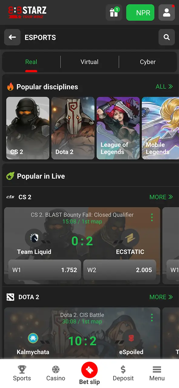 Open the esports section and explore endless betting opportunities at 888Starz.