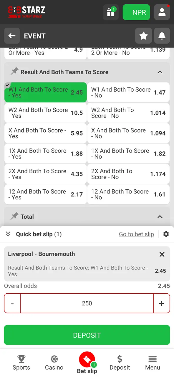 Set odds and amount to win big on football at 888Starz.