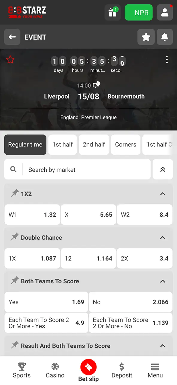 Select a football match and place your bet at 888Starz.