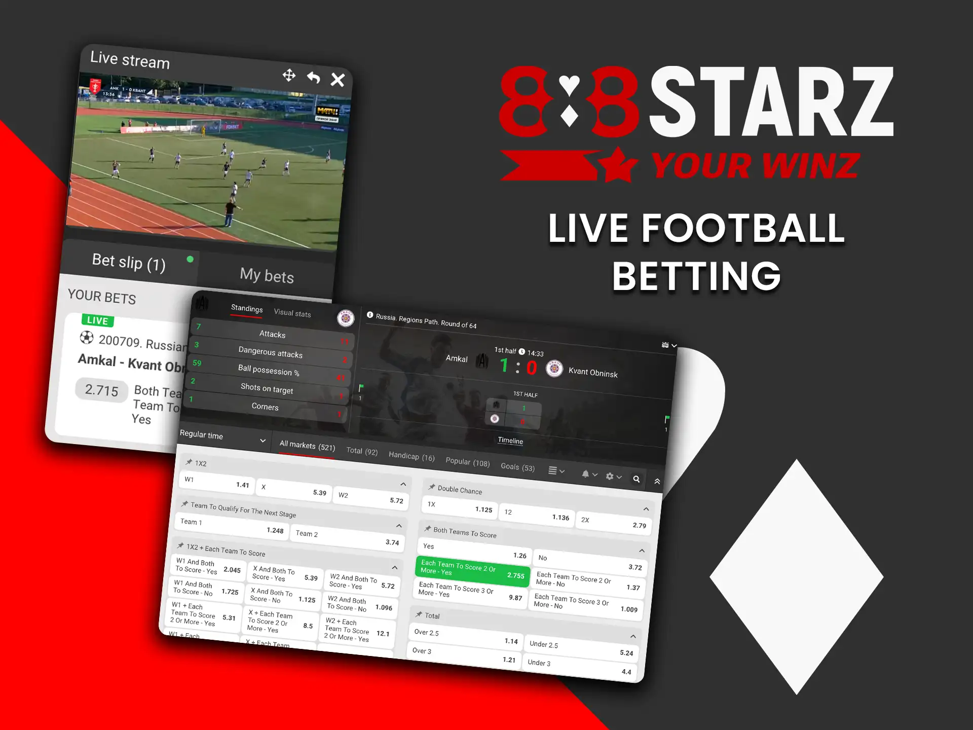 Enjoy live football betting with dynamic odds at 888Starz.