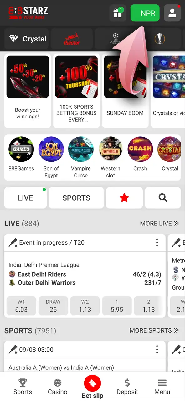 Open the deposit section on 888Starz to fund your account quickly.